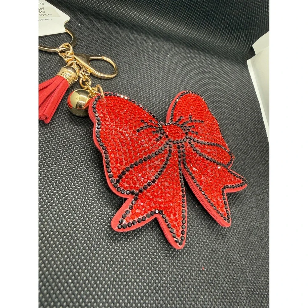 Red Rhinestone Bow Keychain Gold Tone Tassel Bell Bag Charm Whimsygoth